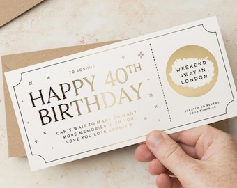 Bon cadeau personnalisé à gratter en feuille d'or, billet d'anniversaire à gratter, carte d'anniversaire à gratter surprise pour les 18, 21, 30, 40, 50 ans