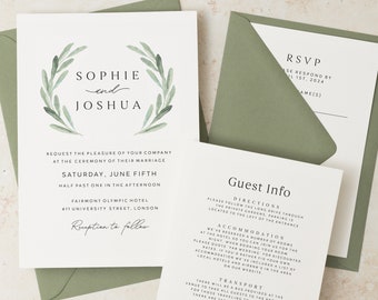 Sage Green Wedding Invitation Set, Botanical Wedding Invites, Simple Olive Green Leaf Wedding Invite Suite with RSVP, Guest Information #117