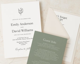 Sage Green Wedding Invitation Set, Greenery Wedding Invites, Simple Botanical Leaf Wedding Invite Suite with RSVP, Guest Information #117