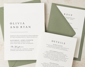 Greenery Wedding Invitation Set, Simple Wedding Invite Suite with RSVP, Guest Information and Green Envelopes, Personalised Wedding #117