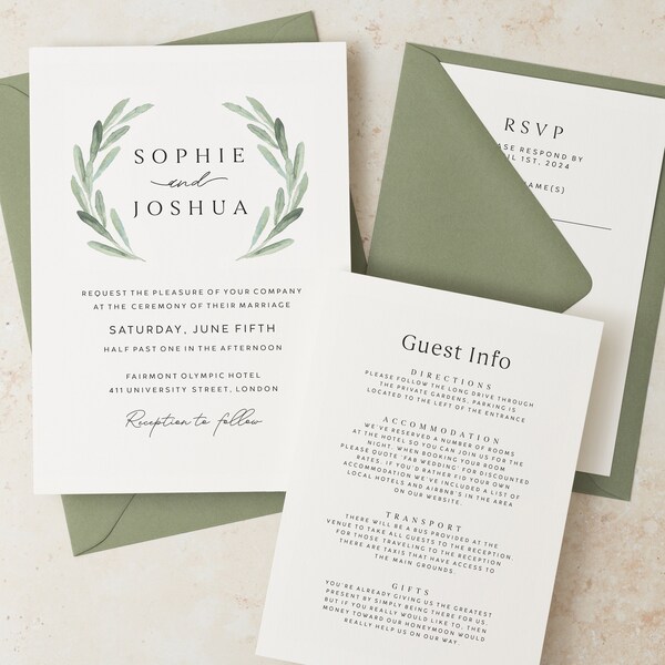 Set di inviti di nozze verde salvia, inviti di nozze botanici, semplice suite di inviti di nozze con foglie verde oliva con RSVP, informazioni sull'ospite n. 117