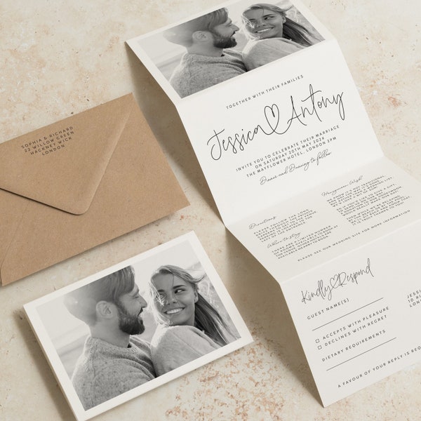 Wedding Invitation Concertina with Photo, Modern Script Wedding Invites with Save the Date, Invitation, Guest Information and RSVP Card