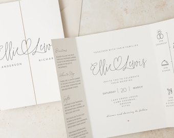 Simple Gatefold Wedding Invitation Set, Personalised Elegant Wedding Invitation with RSVP, Order of the Day Timeline and Envelopes #115