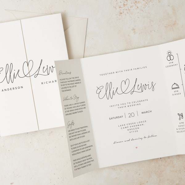 Simple Gatefold Wedding Invitation Set, Personalised Elegant Wedding Invitation with RSVP, Order of the Day Timeline and Envelopes #115