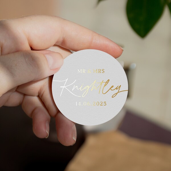 Personalised Wedding Stickers, Modern Surname Foiled Wedding Stickers, Real Foil Wedding Favour Stickers in Gold, Silver, Rose Gold 37mm
