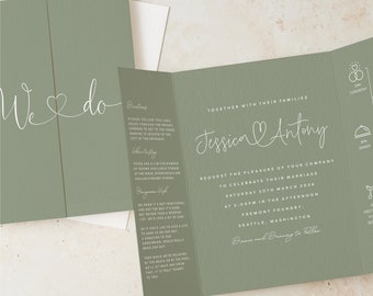 Greenery Wedding Invitation, Sage Green Gatefold Wedding Invites, Simple Folded Wedding Invite, Timeline Wedding Invitations, Olive #115