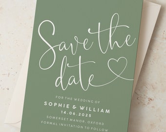Wedding Save the Date Cards with Envelopes, Sage Green Save the Date Cards, Simple Save the Dates, Rustic Green Save Our Date Wedding Invite