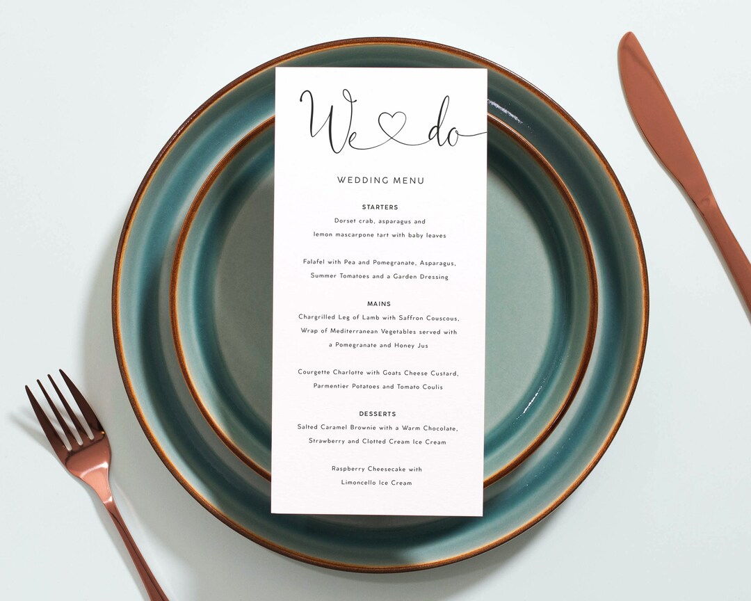 Wedding Menu Cards, Elegant Table Menu, Heart Script Menu Cards