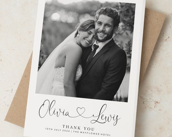 Tarjetas de boda de agradecimiento con foto, tarjetas de boda de agradecimiento simples, tarjetas de agradecimiento de boda plegadas con foto, gracias con sobres incluidos