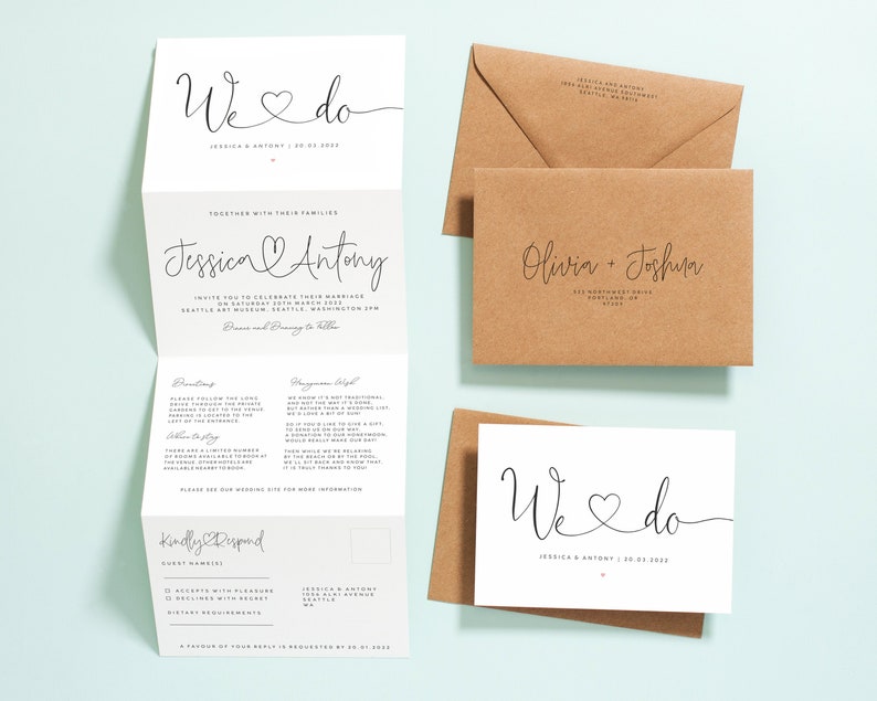 Modern Wedding Invitation Trifold, Simple Script Concertina Wedding Invitation or Reception Invites with Envelopes, RSVP, Guest Info #114 