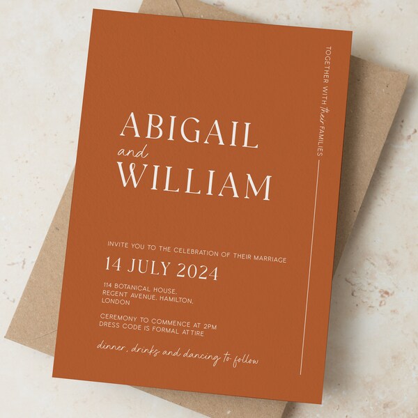Personalised Wedding Invitation in choice of Colours, Elegant Wedding Invites in Burnt Orange with RSVP, Menu and Envelopes, Double Sided