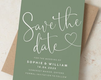 Cartes "Retenez cette date" pour mariage vert sauge avec enveloppes, Cartes "Retenez cette date" minimalistes, "Retenez cette date" coeur simple, "Retenez notre date" moderne