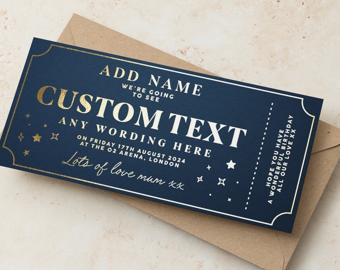 Personalised Gold Foil Ticket for Any Event or Experience, Custom Birthday Gift Voucher, Surprise Gig Ticket Keepsake with Envelope