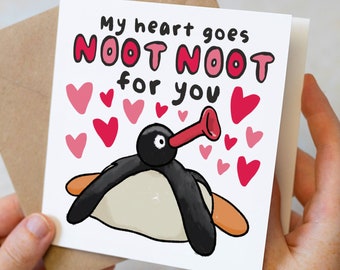Tarjeta de San Valentín divertida, tarjeta de aniversario divertida de Pingu para el marido, mi corazón va noot noot por ti, tarjeta de cumpleaños divertida para él, TV para niños de los 90