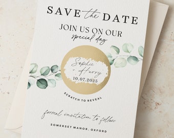 Botanical Wedding Save the Date Cards, Greenery Wedding Save the Date Invitation, Sage Green Eucalyptus Save the Date Scratch Cards