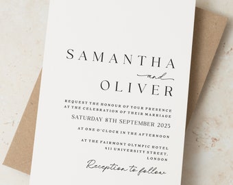 Simple Wedding Invitations, Rustic Wedding Invitations with Kraft Envelopes, Personalised Wedding Invitation or Evening Reception Invites