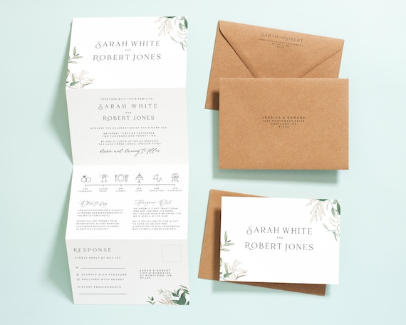 100 Personalized Greenery Wedding Invitations Suite Modern Rustic with Envelopes 