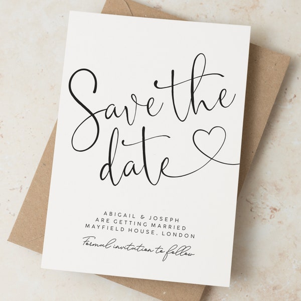 Modern Heart Calligraphy Save the Date Wedding Cards, Classic Wedding Postcards, Personalised Modern Save the Dates, Wedding Announcement