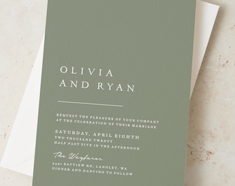 Wedding or Evening Invitations in Botanical Green, Greenery Wedding Invitation, Personalised Olive Wedding Invite, Envelopes Included #108