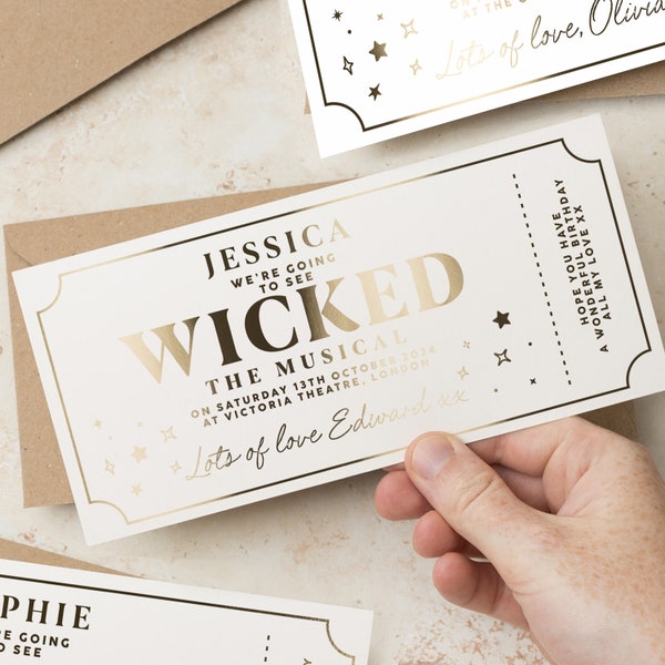 Gold Foil Theatre Ticket, Personalised Gift Ticket Keepsake, Show Ticket, Gig Concert Ticket, Surprise Gift Ticket, Musical Theatre Voucher