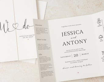 Modern Wedding Invitation Gatefold, Simple Script Folded Wedding Invitations or Reception Invites with Envelopes, Timeline, Guest Info #115