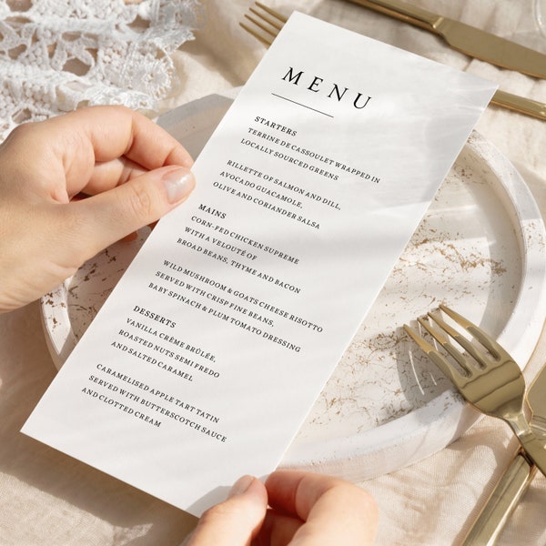 Simple Wedding Menu Cards, Classic Elegant Table Menus, Modern Dinner Menu For Wedding, Personalised Wedding Breakfast Menu, Custom Bar Menu