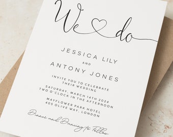 We Do Wedding Invitation, Simple Foiled Wedding Day or Evening Invitations with Free Envelopes, Bespoke Personalised Wedding Design #108