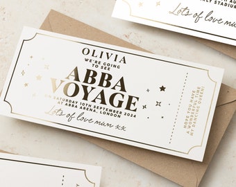 Personalised Surprise Ticket, Gold Foil Event Ticket Voucher, Gig Ticket, Theatre Show Gift Ticket, Christmas Gift Voucher for Abba Voyage