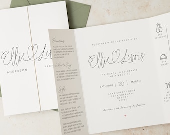 Simple Heart Wedding Invitation, Sage Green Wedding Invitations, Order of the Day Timeline, Modern Calligraphy Gatefold Wedding Invites #115