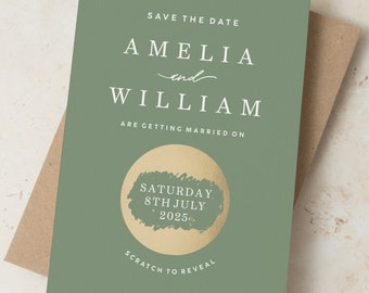 Sage Green Save the Date Cards with Envelopes, Personalised Save the Date Wedding Invitations, Wedding Save the Date Scratch Card Invites