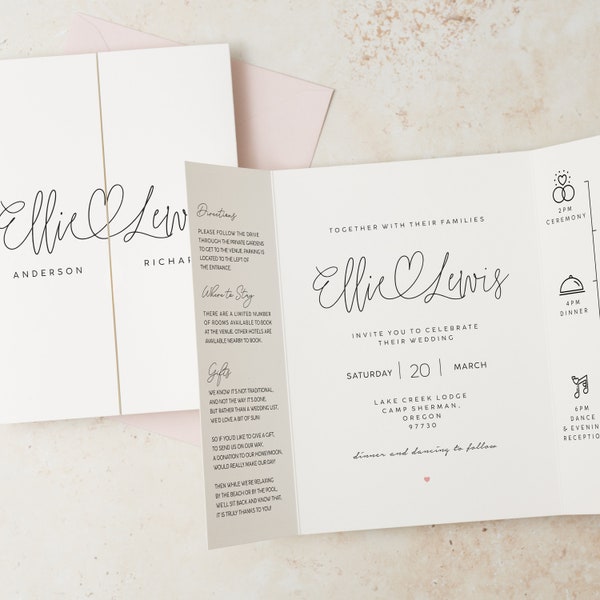 Bespoke Wedding Invitation, Personalised Simple Typography Wedding Invite, Blush Pink Invitation, Folded Evening Reception Invite #115