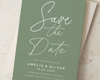 Modern Green Save the Date Wedding Cards, Classic Wedding Postcards, Personalised Sage Green Save the Dates, Script Wedding Announcement