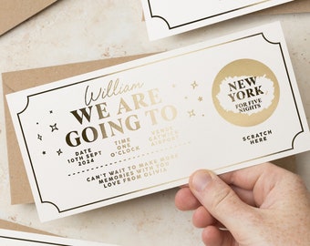 Personalised Scratch Reveal Boarding Pass, Scatch Off Surprise Holiday Ticket, Gold Foil Scratch Card Reveal Holiday Destination Voucher