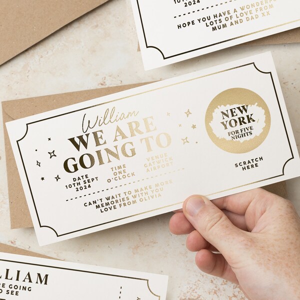 Personalised Scratch Reveal Boarding Pass, Scatch Off Surprise Holiday Ticket, Gold Foil Scratch Card Reveal Holiday Destination Voucher