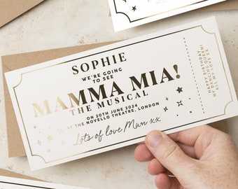 Personalised Event Ticket, Gold Foil Theatre Ticket, Surprise Gift Voucher, Foil Musical Ticket, Gig Ticket Souvenir Keepsake, Mamma Mia!