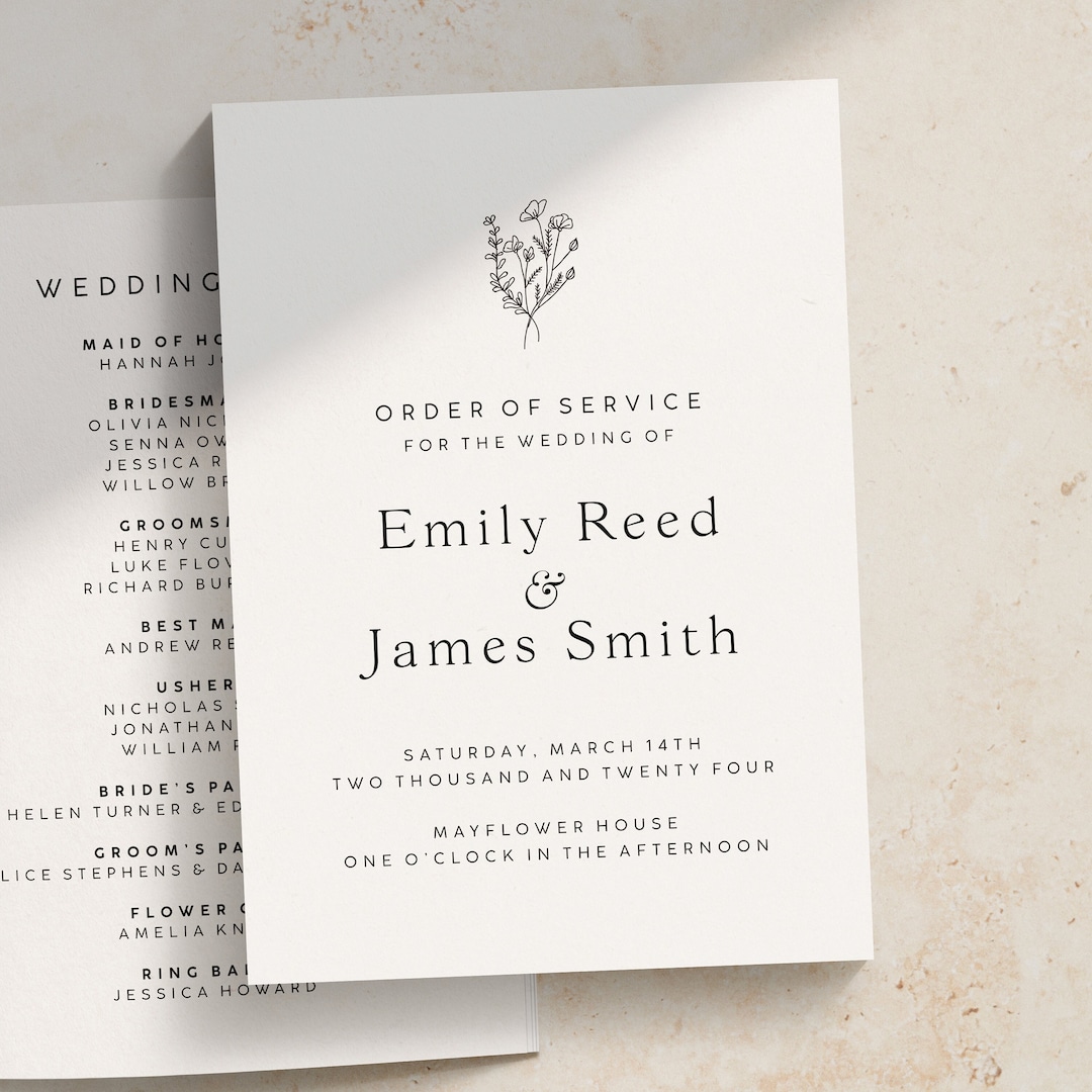 Personalised Wedding Order of Service, Church Ceremony, Floral Wedding