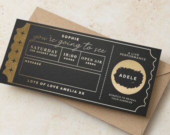 Personalised Scratch Gift Voucher, Birthday Scratch to Reveal Ticket, Gold Foil Scratch Card Surprise Gig Ticket, Custom Concert Ticket