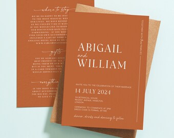 Minimal Boho Wedding Invitation Set, Autumn Wedding Invites, Minimalist Wedding Invites with QR Code, Burnt Orange Wedding Invitations