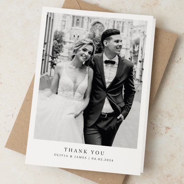 Minimalist Wedding Thank You Cards with Photo, Folded Personalised Photo Cards with envelopes, Vintage Thank You Card with Custom Picture