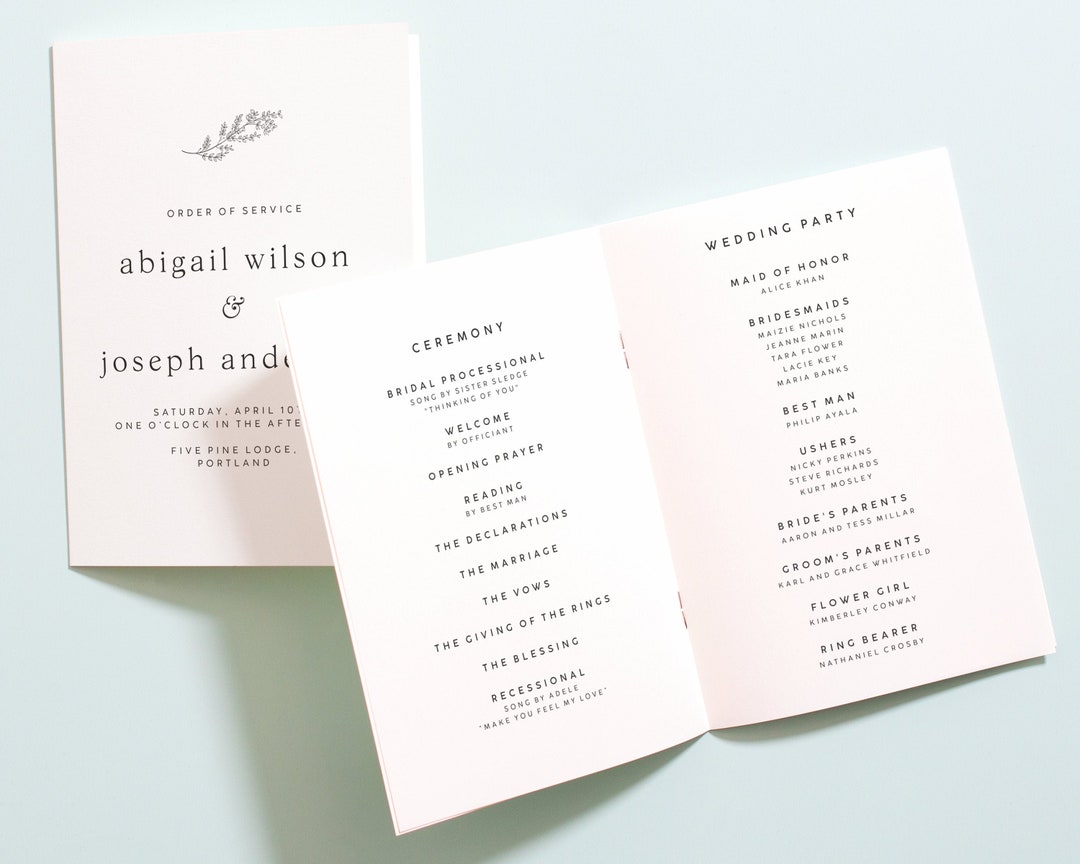 Greenery Wedding Order of Service, Rustic Wedding Program Booklet