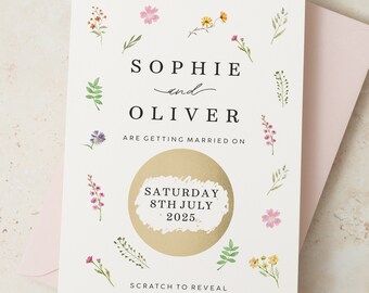 Pressed Flowers Wedding Save the Date Cards, Wild Flowers Save the Date Scratch Cards, Rustic Flower Wedding Invitations with Pink Envelopes