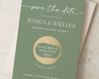 Sage Green Save the Date Cards with Envelopes, Personalised Save the Date Cards, Scratch Card Wedding Save the Dates, Rustic Save the Date