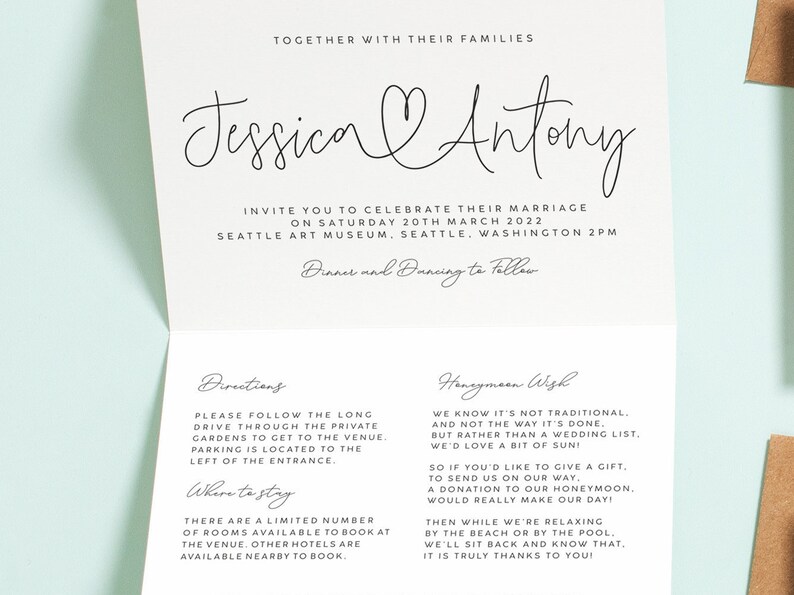 Modern Wedding Invitation Trifold, Simple Script Concertina Wedding Invitation or Reception Invites with Envelopes, RSVP, Guest Info 114 image 2