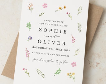 Simple Wildflower Save The Date Cards, Minimalist Save Our Date Cards, Modern Save Our Date Wedding, Floral Wedding Cards With Envelopes