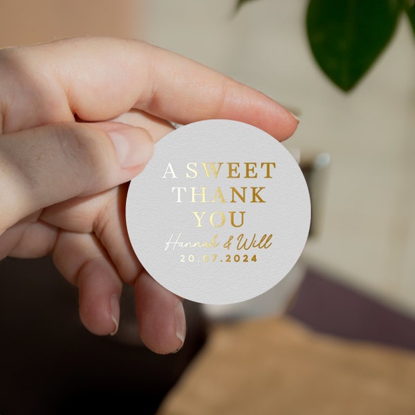 A Sweet Thank You Sticker, Gold Foil Wedding Stickers, Custom Wedding Favour Stickers, Personalised Wedding Stationery, Sweet Cart Stickers