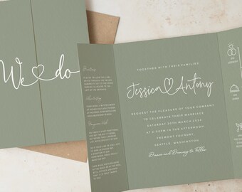 Wedding Invitation, Sage Green Gatefold Wedding Invites, Simple Folded Wedding Invite or Reception, Timeline Wedding Invitations, Olive #115