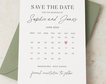 Save the Date Karten mit Kalender, Einfache Save the Dates mit Salbeigrünen Umschlägen, Moderne Save the Dates, Kalender Hochzeitseinladung