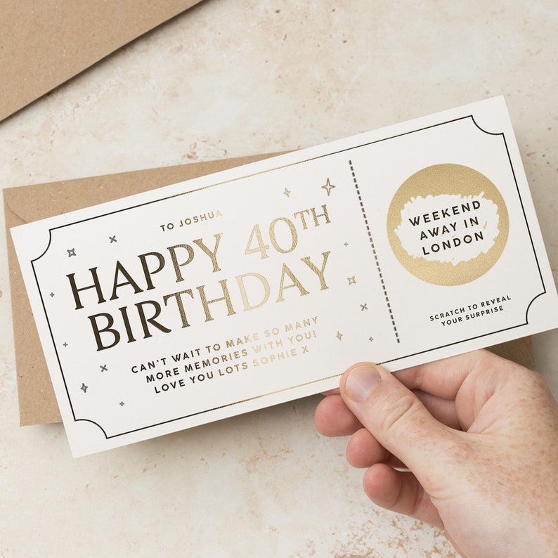 Gold Foil Scratch Gift Voucher. Scratch Reveal Ticket for Surprise Birthday Gift