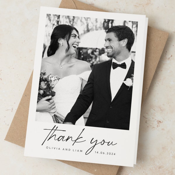 Photo Thank You Wedding Cards, Simple Thank You Wedding Cards, Folded Wedding Thank You Cards with Photo, Calligraphy Wedding Thank You
