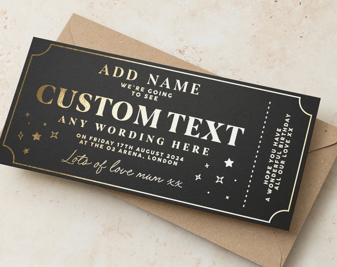 Gold Foil Event Ticket, Personalised Gift Voucher, Surprise Birthday Ticket Keepsake, Custom Fake Ticket for Concert, Gig, Musical, Comedy